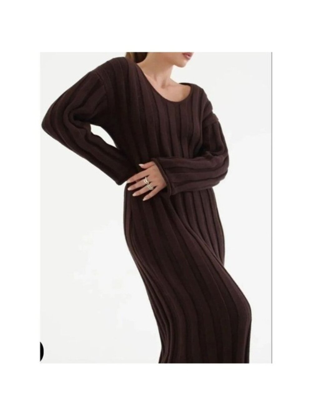 Rumored Brown Ribbed Knit Maxi Dress Lg Winter Luxe Minimalist Quiet Luxury NWT - Picture 3 of 6
